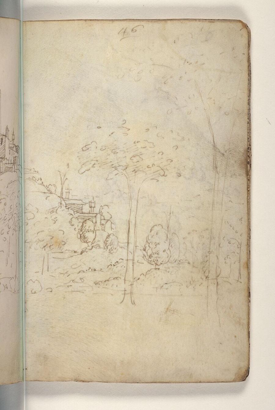 Folio uit een tekeningenboek: landschap met een fortificatie op een heuvel