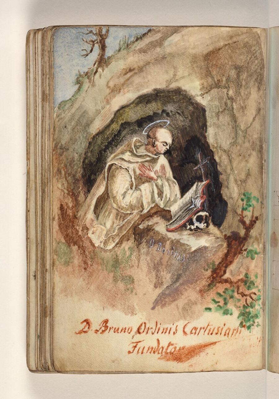Folio uit een tekeningenboek: de heilige Bruno van Keulen mediterend bij een grot