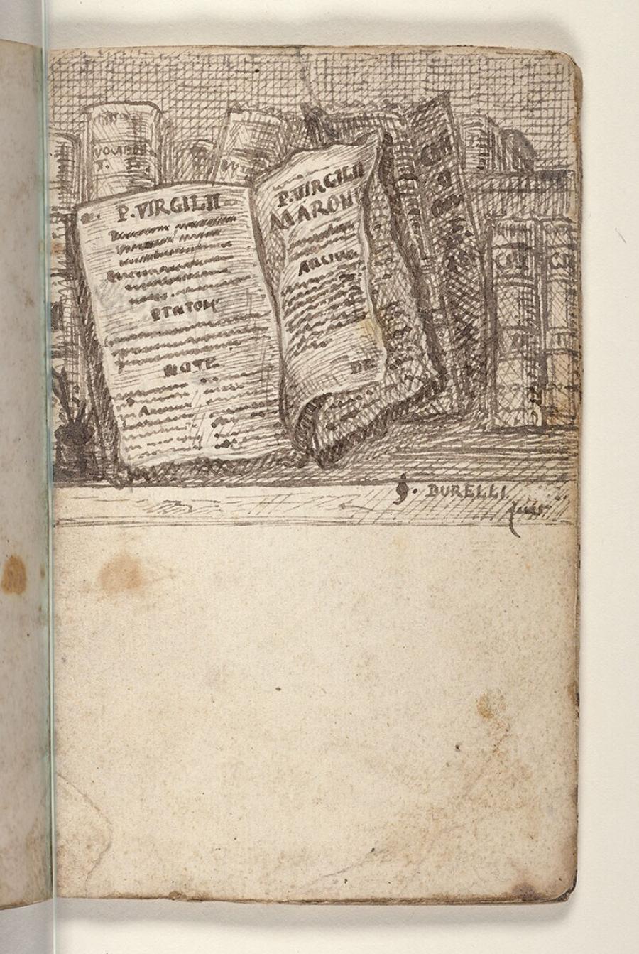 Folio uit een tekeningenboek: rij boeken met onder andere werken van Virgilius