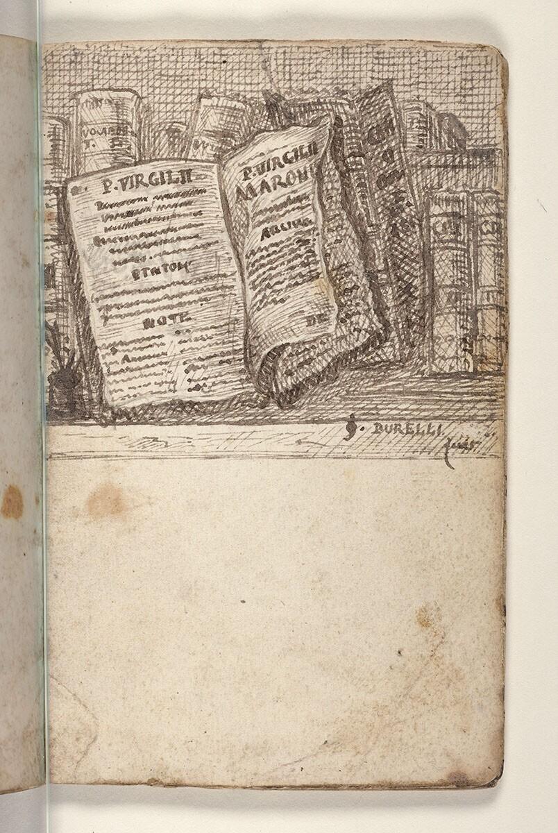 Folio uit een tekeningenboek: rij boeken met onder andere werken van Virgilius