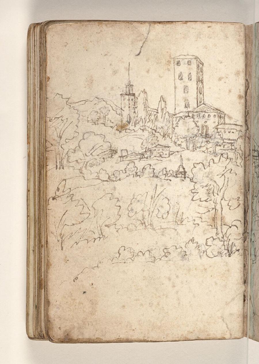 Folio uit een tekeningenboek: kasteel op een heuvel in een boslandschap