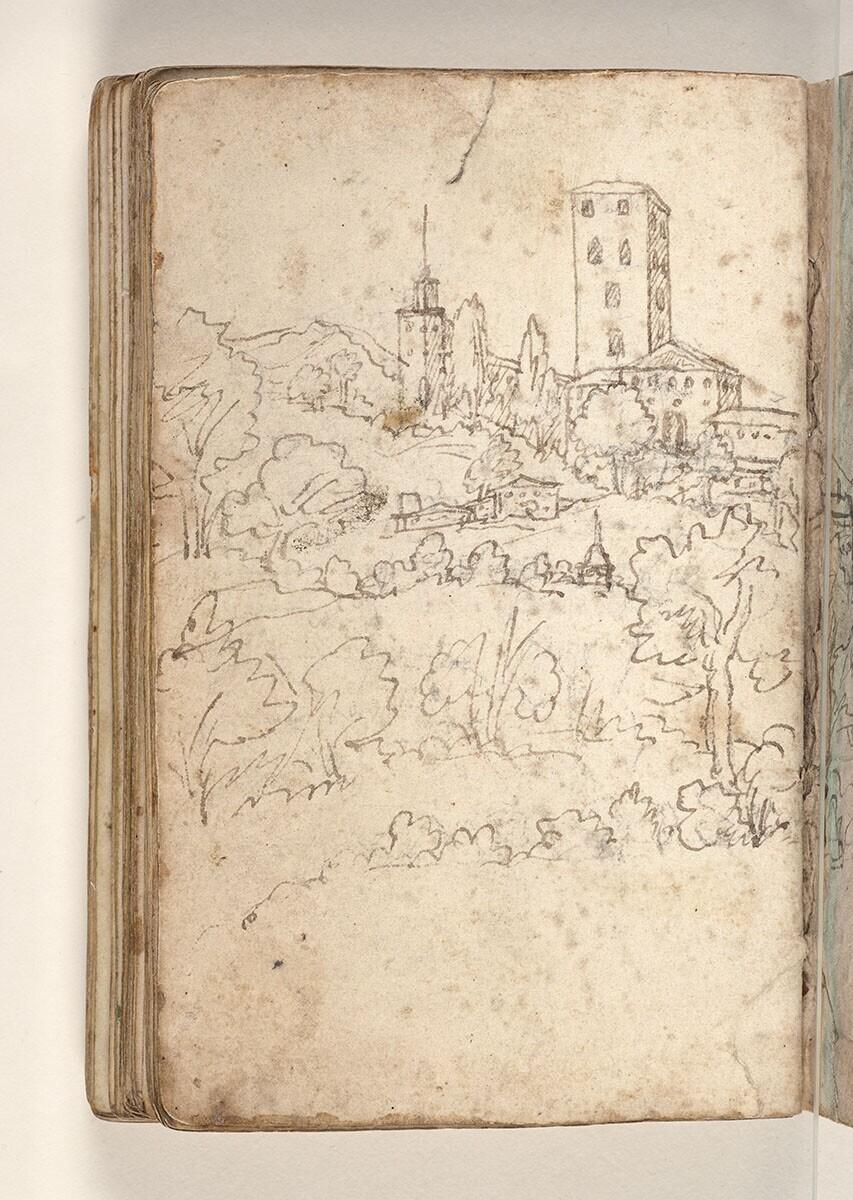 Folio uit een tekeningenboek: kasteel op een heuvel in een boslandschap