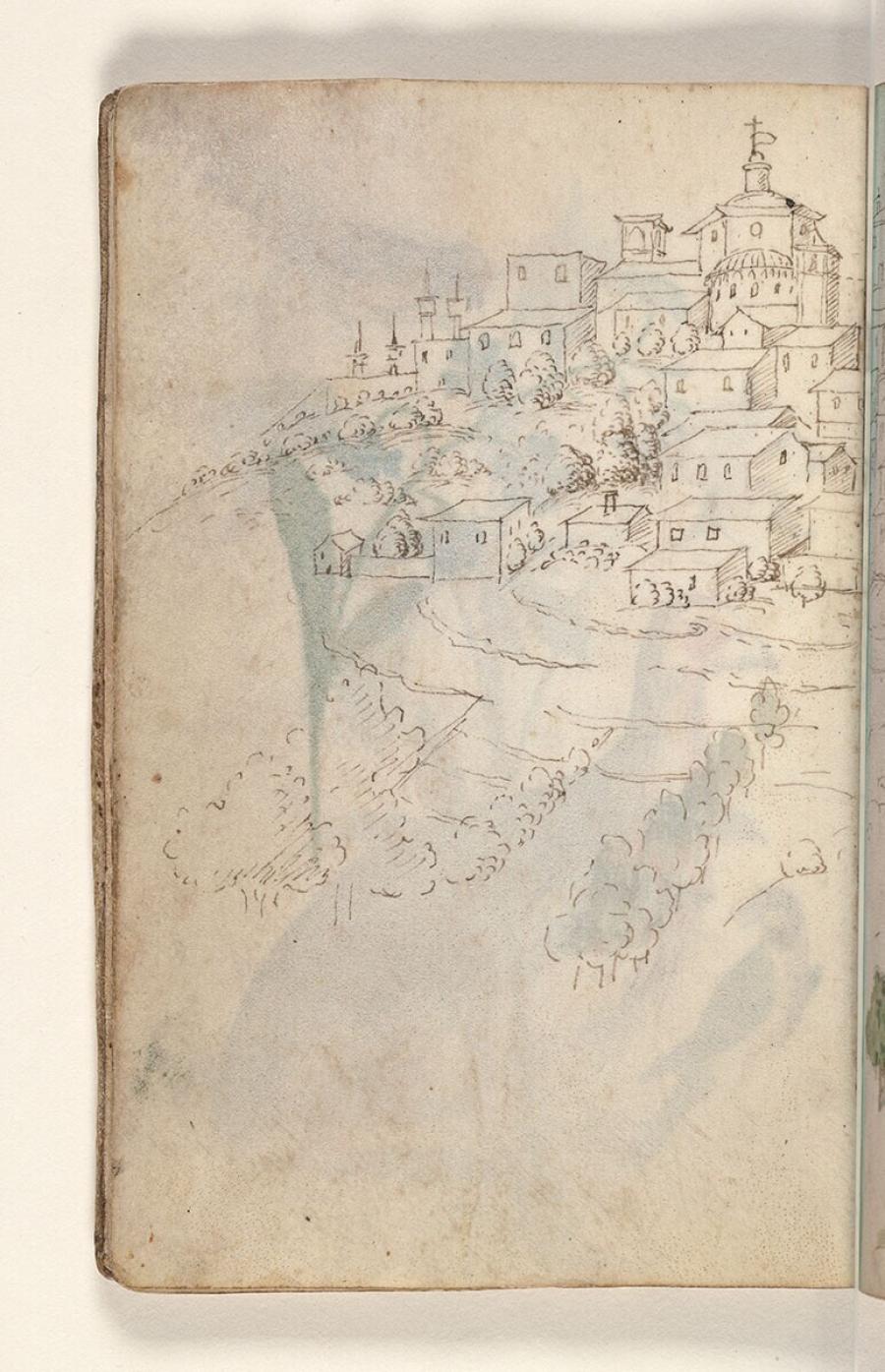 Folio uit een tekeningenboek: stadje met kerk op een heuvel