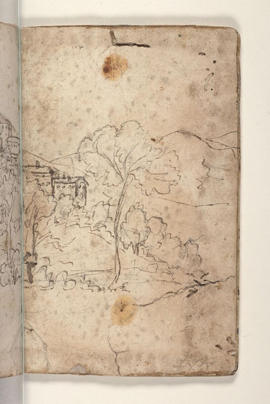 Folio uit een tekeningenboek: gebouwen op een heuvel in een boslandschap