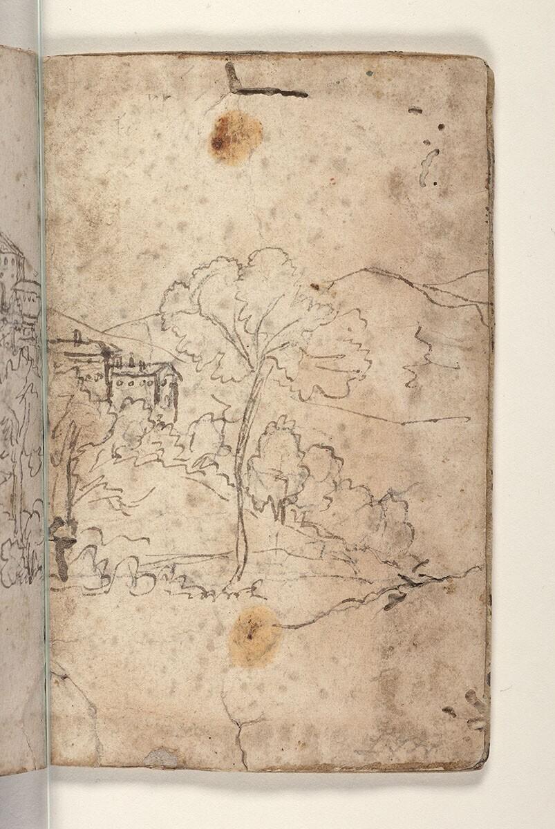 Folio uit een tekeningenboek: gebouwen op een heuvel in een boslandschap