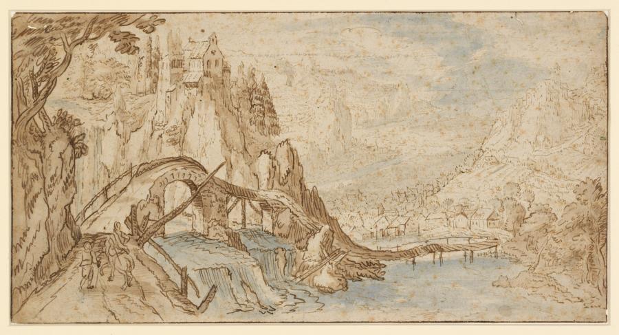 Rivierlandschap met boogbrug en reizigers