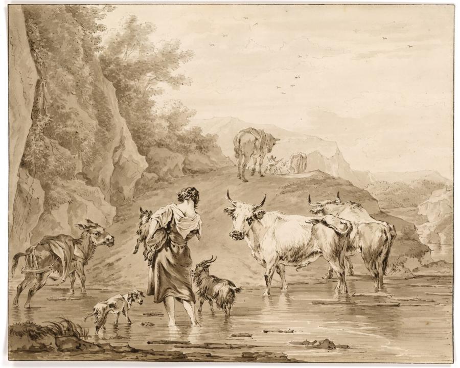 Landschap met herderin en haar vee staand in een watertje (kopie naar een werk van Nicolaes Berchem)
