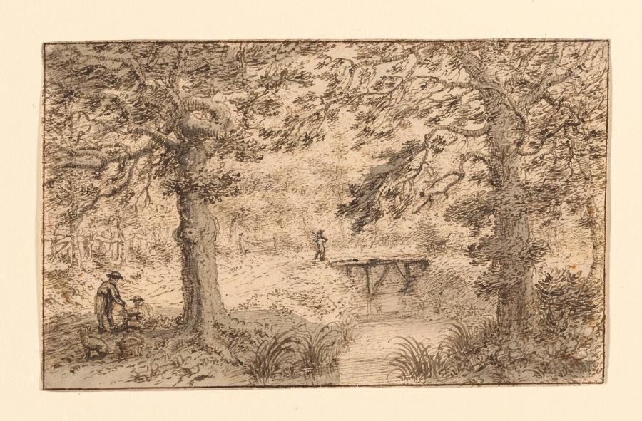 Bosgezicht met brug en figuren