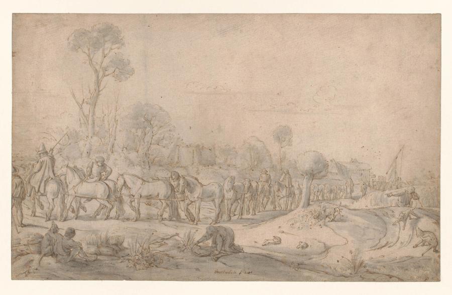Landschap met een stoet paarden