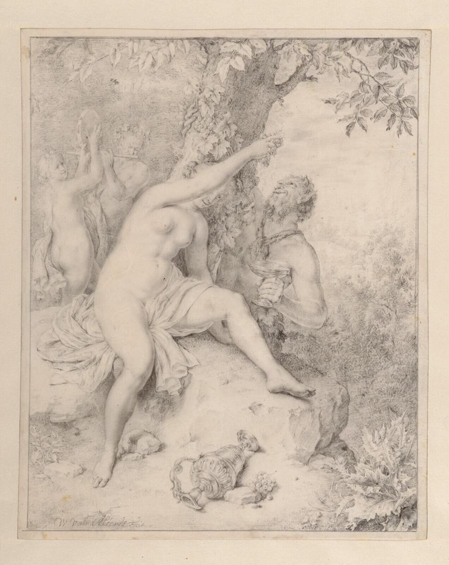Nimf (Erigone) en satyr onder een boom