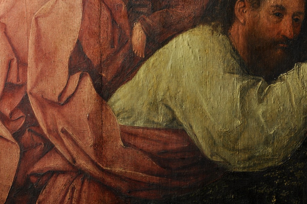 Detail van de bladderende verf: Jheronimus Bosch, De heilige Christoffel, 1490-1505, olieverf op paneel, bruikleen: Stichting Museum Boijmans Van Beuningen 1940