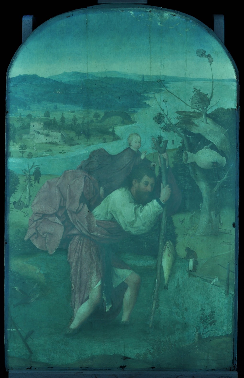 UV-foto van het vernis: Jheronimus Bosch, De heilige Christoffel, 1490-1505, olieverf op paneel, bruikleen: Stichting Museum Boijmans Van Beuningen 1940
