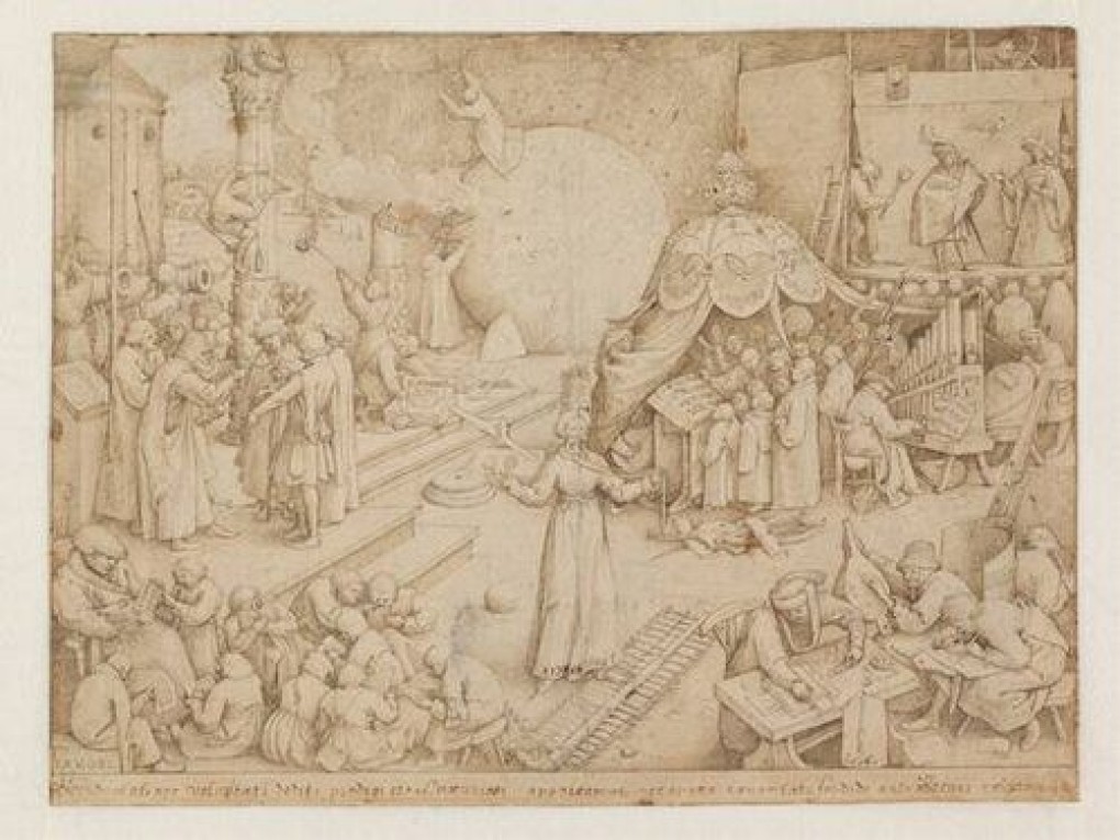 Pieter Bruegel (I), Een van de zeven deugden: Temperantia (Matigheid), 1560, pen in bruine inkt, doorgegriffeld, legaat: F.J.O. Boijmans 1847