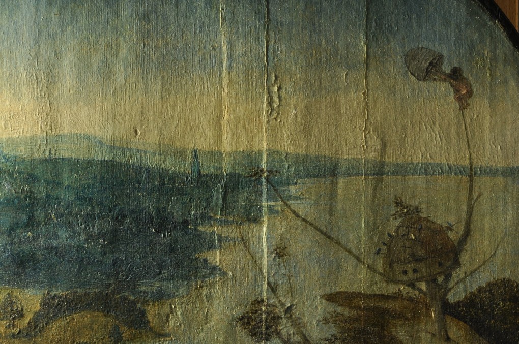 Detail van de bladderende verf: Jheronimus Bosch, De heilige Christoffel, 1490-1505, olieverf op paneel, bruikleen: Stichting Museum Boijmans Van Beuningen 1940