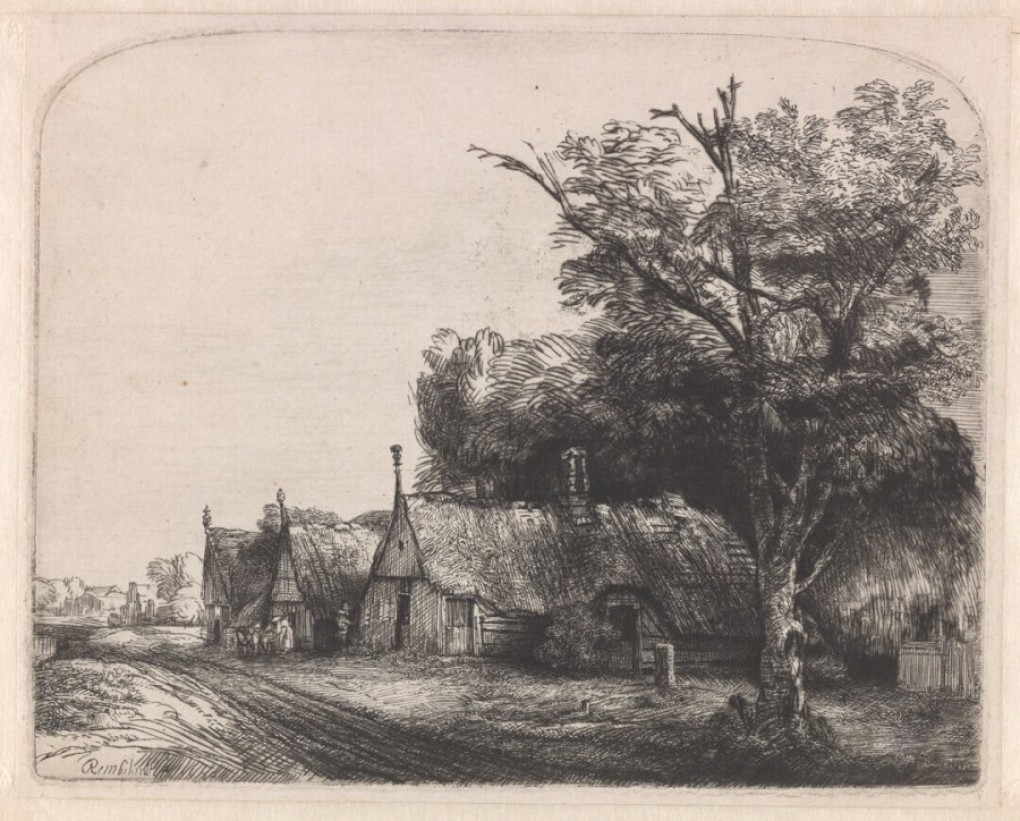 Rembrandt van Rijn, Landschap met drie boerenhuizen aan een weg, 1650