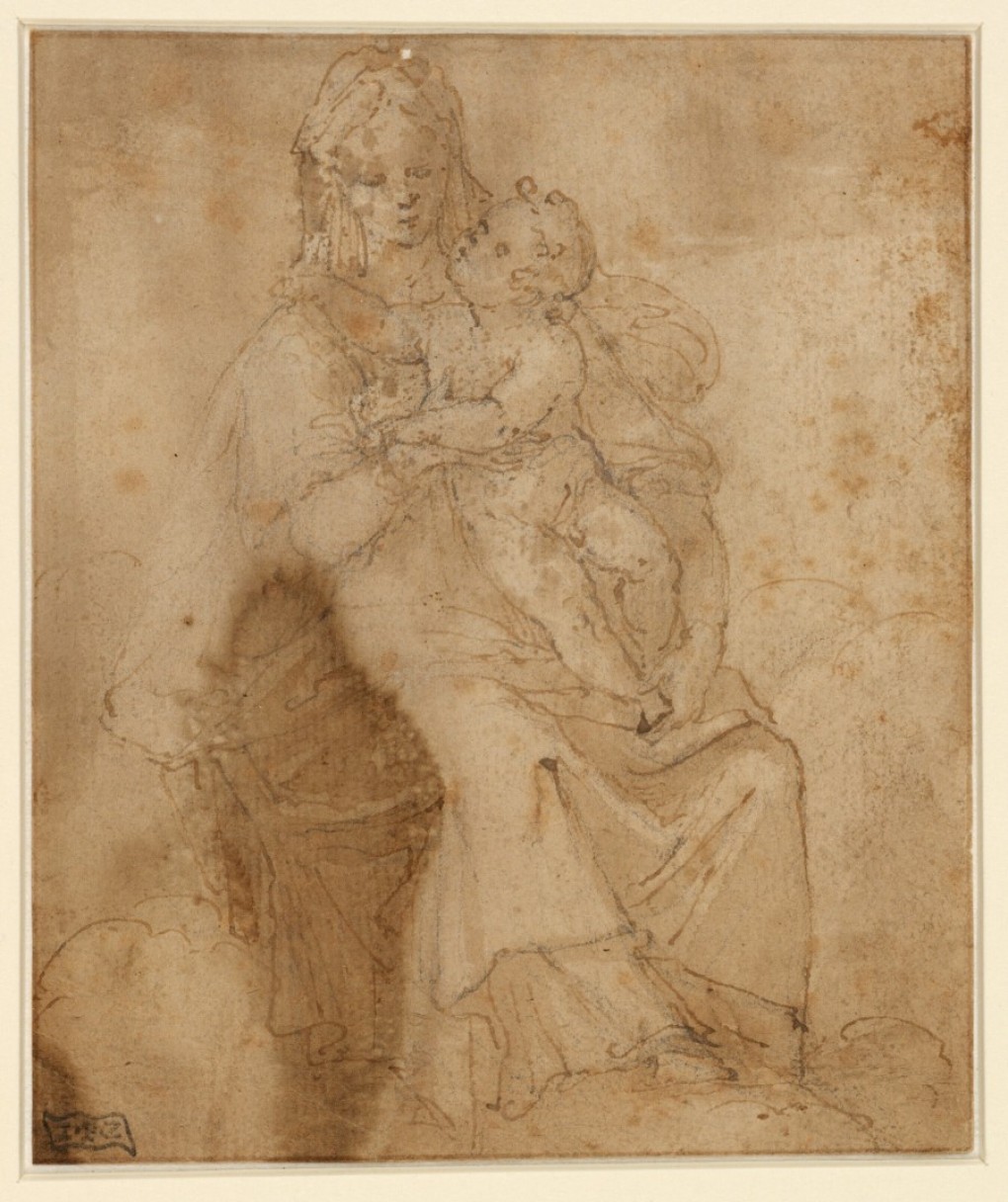 Pieter de Witte, Maria met Christuskind (inv.nr. P. de Witte 1). Destijds als werk van Allessandro Allori bij de Italiaanse tekeningen bewaard (Cat. 1852, nr. 2019) met waterschade van de brand van 1864.