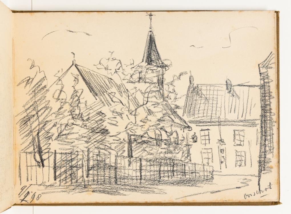 Afb. 5. Jacoba de Graaff, ‘Schets van een straat in Oirschot’, zwart krijt op papier, 164 x 225 mm, Museum Boijmans Van Beuningen, Rotterdam