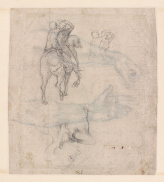 Michelangelo, Studies of Two Male Nudes on Horseback and a Male Head for the 'Battle of Cascina', c.1508 (inv. 513 recto)