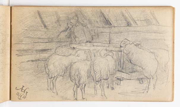 Afb. 20. Jacoba de Graaff, ‘Schets van een schapenstal met herder’, 1910, potlood op papier, 106 x 178 mm, Museum Boijmans Van Beuningen, Rotterdam