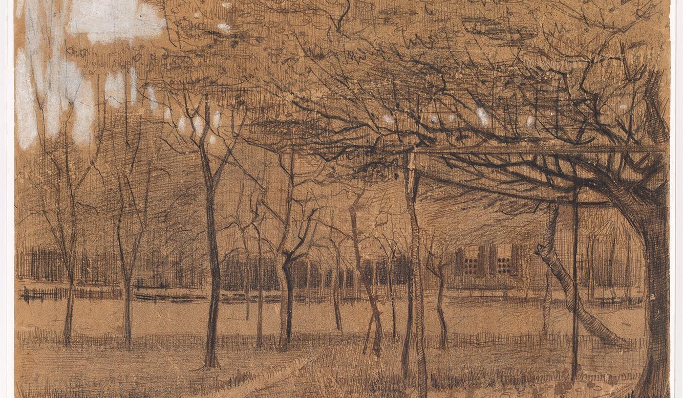 Afb. 28. Vincent van Gogh, ‘Appelboomgaard met lindeboom achter herberg Mensingh in het dorp Zweeloo (Coevorden, provincie Drenthe)’, 1883, houtskool, zwart krijt, pen in bruine inkt, witte dekverf, op bruin papier, 255 x 318 mm, Museum Boijmans Van Beuningen, Rotterdam
