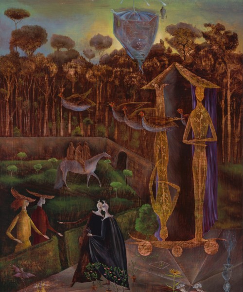 Leonora Carrington, Again, the Gemini Are in the Orchard, in 1947, collectie Museum Boijmans Van Beuningen, Rotterdam.  Aankoop met steun van Mondriaan Fonds, Vereniging Rembrandt (mede dankzij haar Desirée Lambers Fonds en haar Dura Kunstfonds), VriendenLoterij, Stichting Fonds Willem van Rede, Stichting Museum Boijmans Van Beuningen, Prins Bernhard Cultuurfonds (mede dankzij het Breeman Talle Fonds) 2019